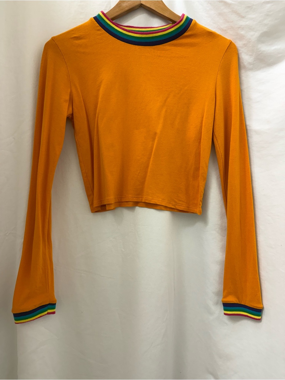 Mustard Orange Crop Long-Sleeve Top with Rainbow Trim